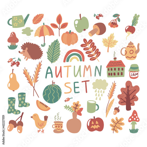 Collection of autumn attributes. Fall clip art, design elements collection with leaf, pumpkins, mushrooms, dishes and others. Hand drawn vector illustration. EPS10