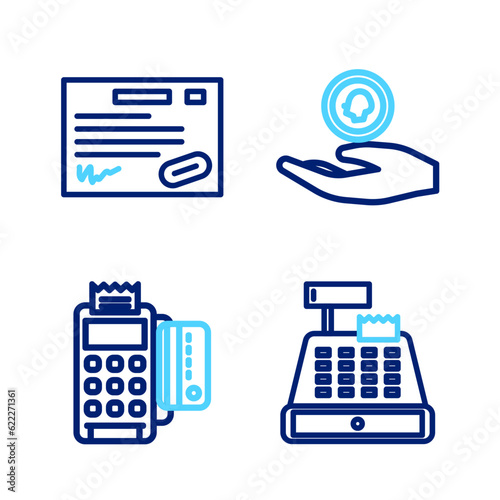 Set line Cash register machine, POS terminal with credit card, Hand holding coin money and Warranty certificate template icon. Vector