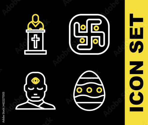 Set line Jainism, Easter egg, Man with third eye and Church pastor preaching icon. Vector