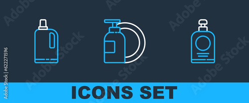 Set line Hand sanitizer bottle, Fabric softener and Dishwashing liquid plate icon. Vector