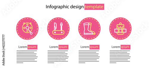 Set line Fishing boots, Hiking backpack, Swiss army knife and Spinning reel for fishing icon. Vector