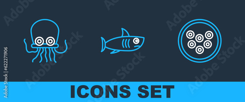 Set line Caviar on a plate, Octopus and Shark icon. Vector