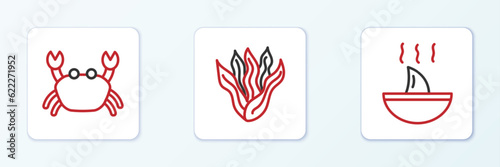 Set line Shark fin soup, Crab and Seaweed icon. Vector