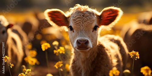 AI Generated. AI Generative. Beautiful young tittle calf on sunflower field at sunset. Nature landscape farm cow animal vibe. Graphic Art