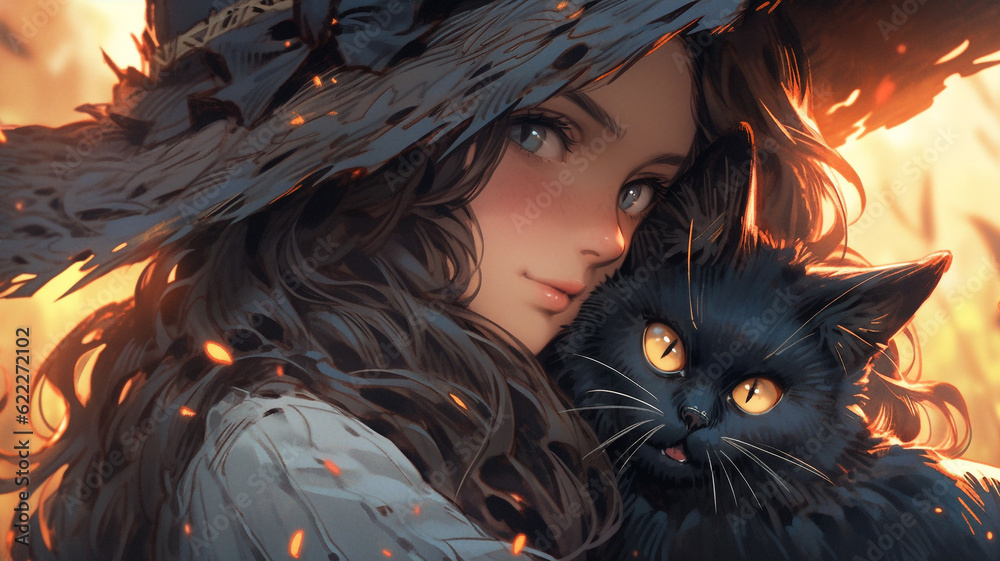 Obraz premium Lovely anime witch with her black cat, ready for Halloween. Created with Generative AI.