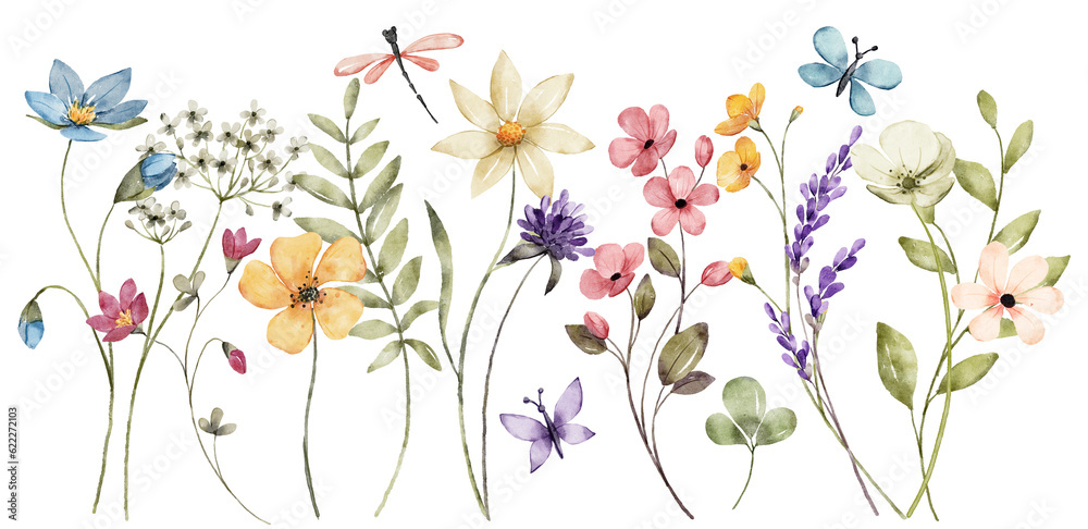 Border banner with watercolor wildflowers. Floral decoration. Hand drawing. - obrazy, fototapety, plakaty 