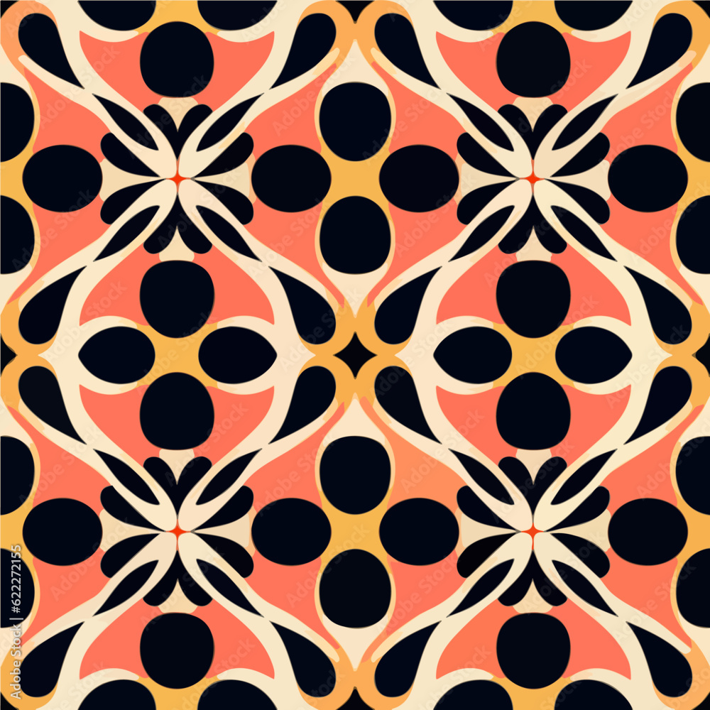 Captivating black and orange pattern adorned with circles, reminiscent of both Art Deco and Art Nouveau styles. This seamless design showcases intricate details and showcases a harmonious blend. Captivating black and orange pattern adorned with circles, reminiscent of both Art Deco and Art Nouveau styles. This seamless design showcases intricate details and showcases a harmonious blend.