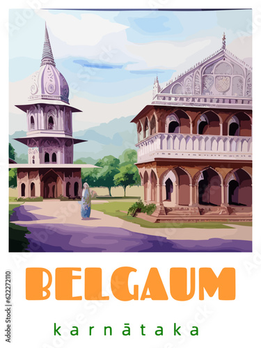 Belgaum: Retro tourism poster with an Indian landscape and the headline Belgaum / Karnātaka