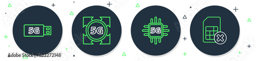 Set line 5G network, Processor, modem and Sim card rejected icon. Vector