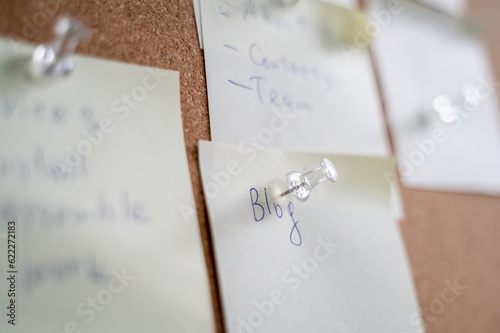 A lot of memos on cork bulletin board with pins. Tasks planning, reminders, ideas for business. Blog