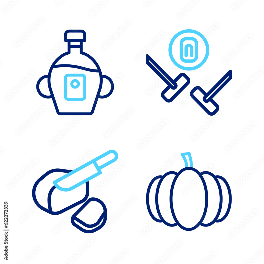 Set line Pumpkin, Peameal bacon, Curling sport game and Maple syrup icon. Vector Set line Pumpkin, Peameal bacon, Curling sport game and Maple syrup icon. Vector