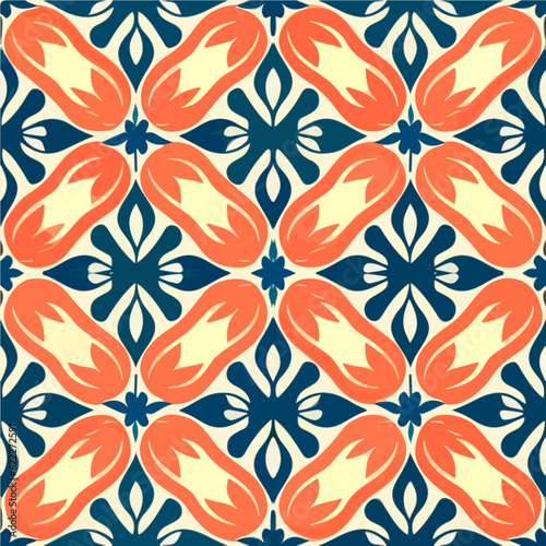 Vibrant orange and blue art deco pattern on a pristine white background, forming a seamless and stylish fabric motif.