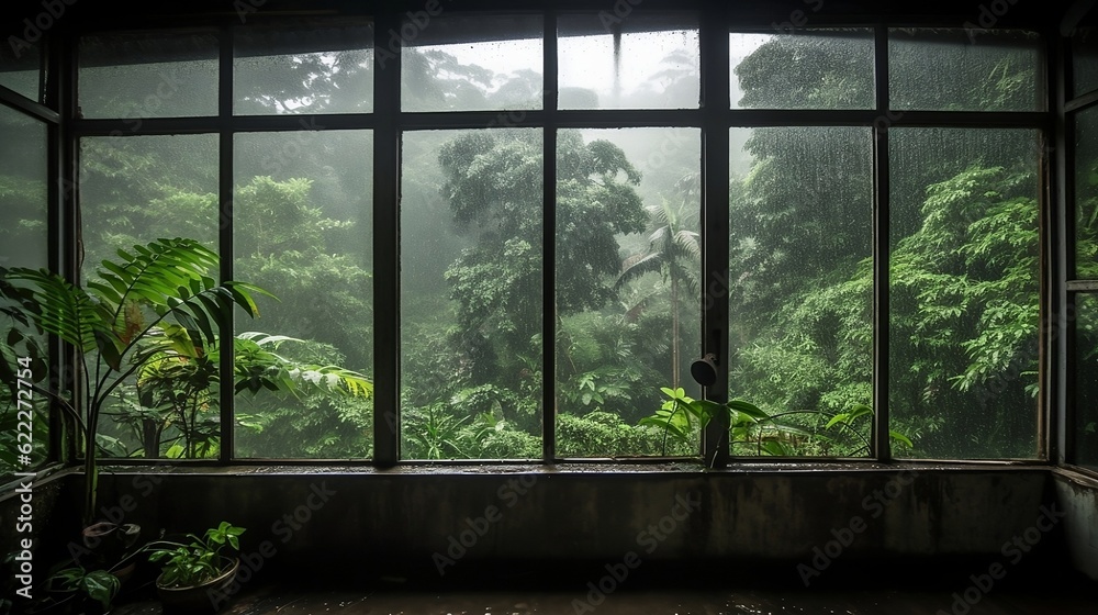 Rainy windows in the jungle. Generative AI Rainy windows in the jungle. Generative AI