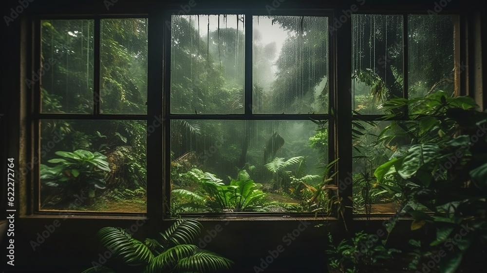 Rainy windows in the jungle. Generative AI Rainy windows in the jungle. Generative AI