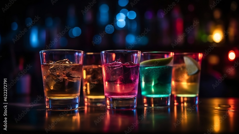 Tropical cocktails on a bar on a boke bright background. Generative AI Tropical cocktails on a bar on a boke bright background. Generative AI