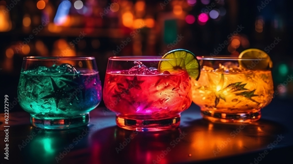 Tropical cocktails on a bar on a boke bright background. Generative AI Tropical cocktails on a bar on a boke bright background. Generative AI