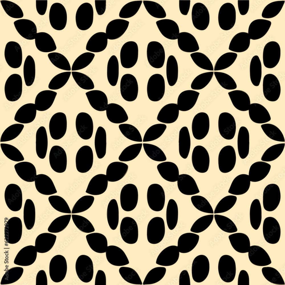 Abstract black and white pattern adorns a beige background, forming a repeating fabric design. It showcases elements of art deco style. Abstract black and white pattern adorns a beige background, forming a repeating fabric design. It showcases elements of art deco style.
