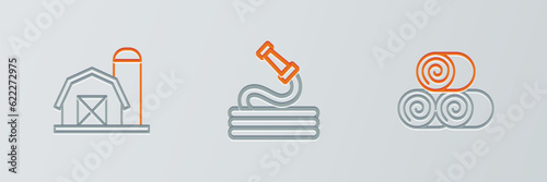 Set line Roll of hay, Farm house and Garden hose icon. Vector