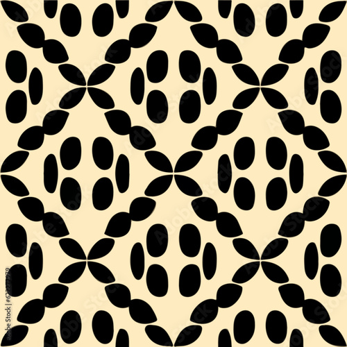Abstract black and white pattern adorns a beige background, forming a repeating fabric design. It showcases elements of art deco style.