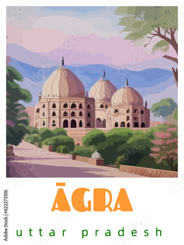 Āgra: Retro tourism poster with an Indian landscape and the headline Āgra / Uttar Pradesh