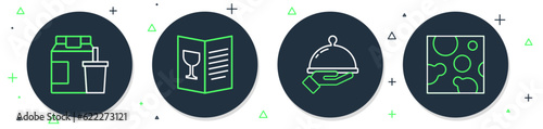 Set line Restaurant cafe menu, Covered with tray of food, Online ordering and delivery and Cheese icon. Vector