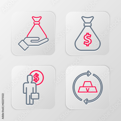 Set line Gold bars, Business man planning mind, Money bag and hand icon. Vector