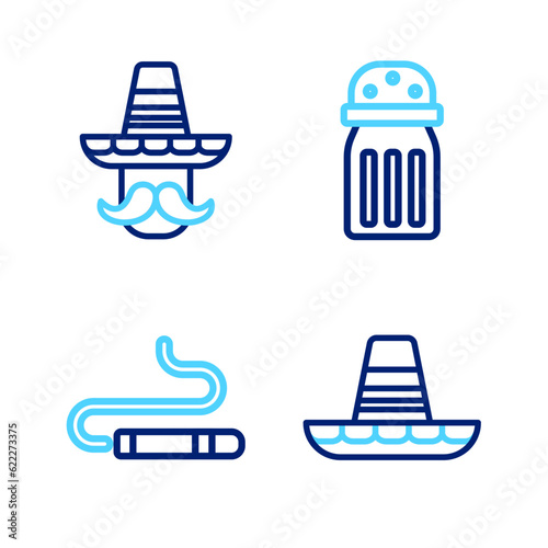 Set line Mexican sombrero, Cigar, Salt and man icon. Vector