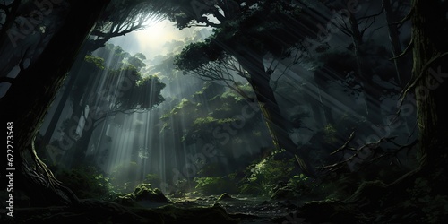 AI Generated. AI Generative. Mist fog magic dark forest. WIth sun ray going through trees. Adventure explore spooky scary mood. Graphic Art