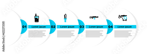 Set line Helicopter, Submachine gun, Military knife and Walkie talkie icon. Vector