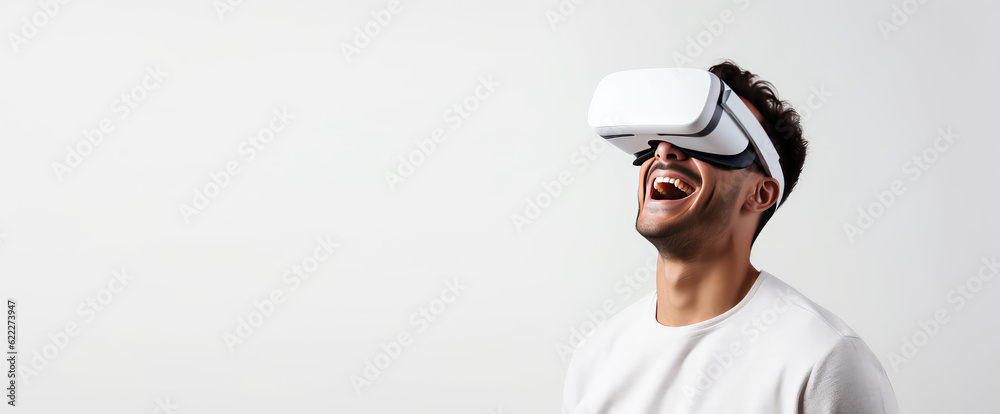 Portrait of happy man wearing virtual reality glasses isolated on flat white background with copy space. Banner template of smiling man in white VR goggles. Generative AI photo.