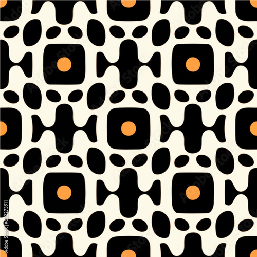Striking black and white pattern adorned with vibrant orange dots an abstract and art deco inspired motif creating a mesmerizing repeating pattern.
