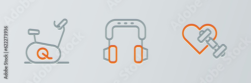 Set line Dumbbell with heart, Stationary bicycle and Headphones icon. Vector
