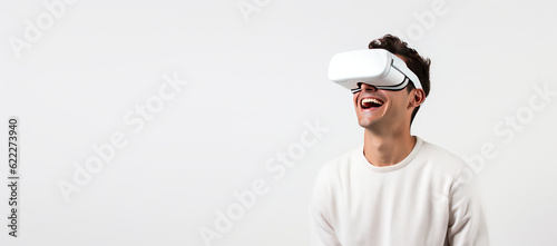 Portrait of happy man wearing virtual reality glasses isolated on flat white background with copy space. Banner template of smiling man in white VR goggles. Generative AI photo.