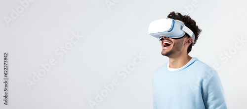 Portrait of happy man wearing virtual reality glasses isolated on flat white background with copy space. Banner template of smiling man in white VR goggles. Generative AI photo.