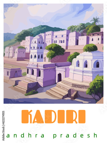 Kadiri: Retro tourism poster with an Indian landscape and the headline Kadiri / Andhra Pradesh photo