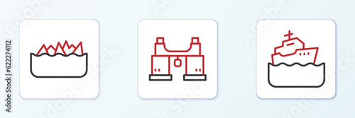Set line Cruise ship, Sharp stone reefs and Binoculars icon. Vector