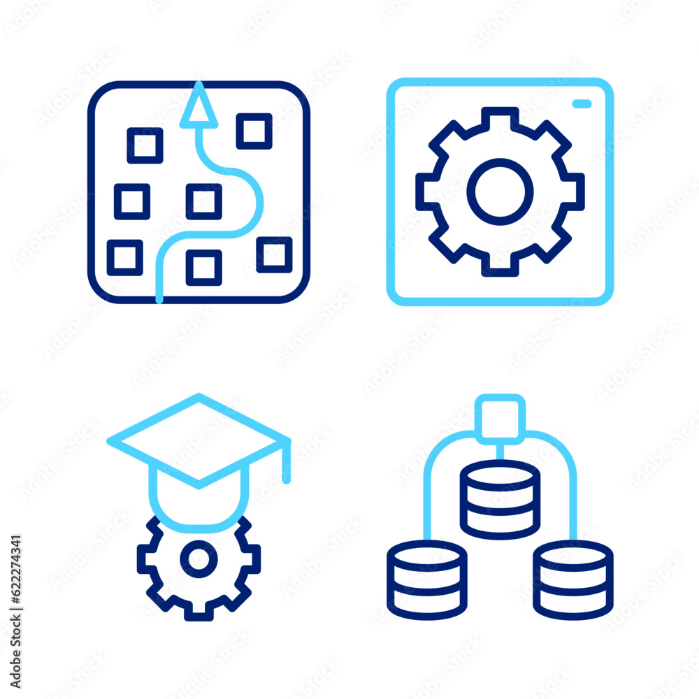 Set line Server, Data, Graduation cap, Computer api interface and Neural network icon. Vector Set line Server, Data, Graduation cap, Computer api interface and Neural network icon. Vector