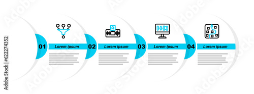 Set line Neural network, Algorithm, Artificial intelligence AI and Funnel filter icon. Vector