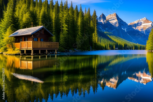 View of a cabin on a serene lake