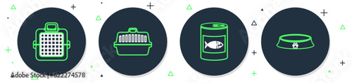 Set line Pet carry case, Canned food for cat, and bowl icon. Vector