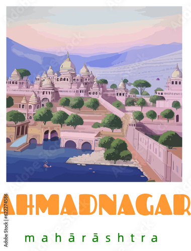 Ahmadnagar: Retro tourism poster with an Indian landscape and the headline Ahmadnagar / Mahārāshtra photo