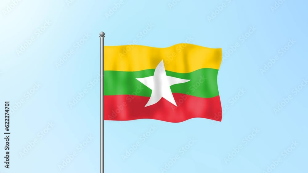 Myanmar flag waving on beautiful clean blue sky footage background. 4k