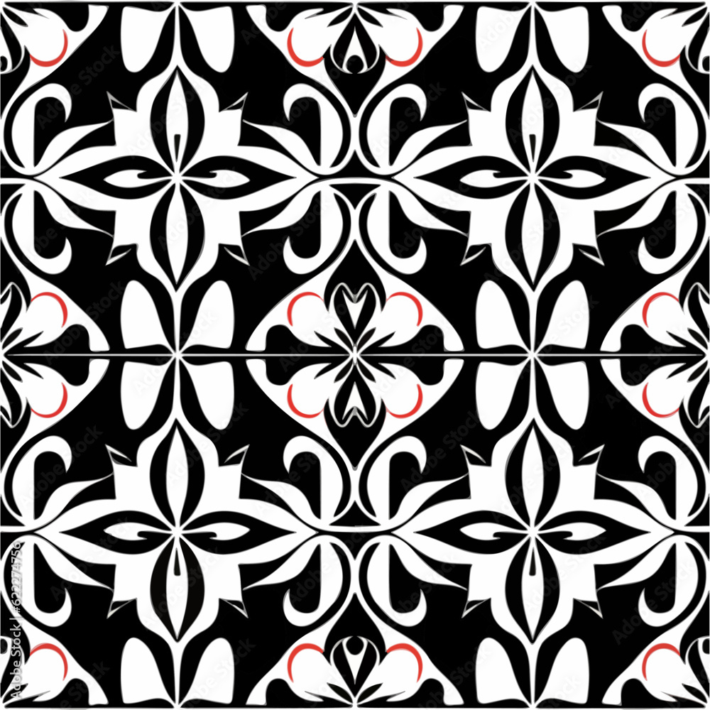 Captivating black and white pattern adorned with charming red hearts. It combines elements of damask and dark flower patterns, creating a delightful peppermint motif suitable for various design. Captivating black and white pattern adorned with charming red hearts. It combines elements of damask and dark flower patterns, creating a delightful peppermint motif suitable for various design.