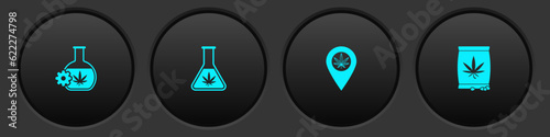 Set Test tube with marijuana, , Location and and Marijuana or cannabis seeds icon. Vector