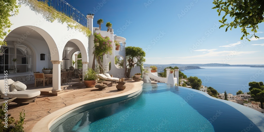 Fototapeta premium AI Generated. AI Generative. Beautiful luxury style whote house hotel mansion with swimming pool. Vacation adventure vibe. Graphic Art