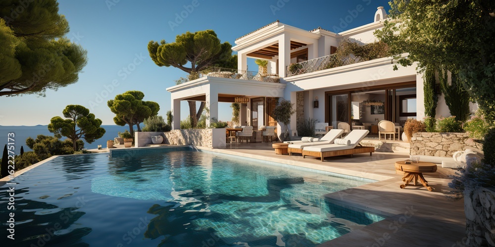 AI Generated. AI Generative. Beautiful luxury style whote house hotel mansion with swimming pool. Vacation adventure vibe. Graphic Art