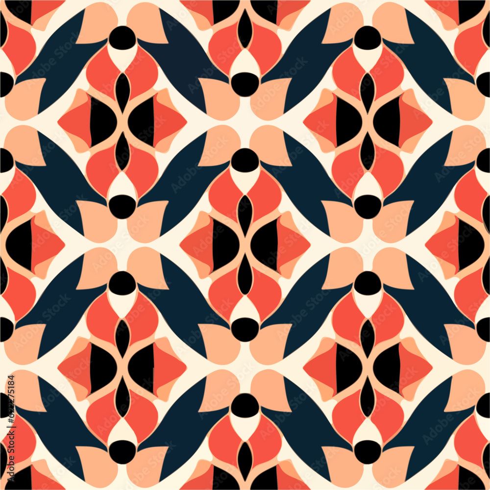 Vibrant orange and black abstract shapes dance on a white background, creating a visually engaging seamless pattern design with symmetrical repetition, suitable for fabrics and other surfaces. Vibrant orange and black abstract shapes dance on a white background, creating a visually engaging seamless pattern design with symmetrical repetition, suitable for fabrics and other surfaces.