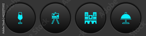 Set Wine glass, Easel or painting art boards, Notre Dame and Covered with tray icon. Vector