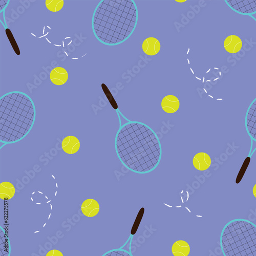Vector seamless pattern with tennis rackets and balls in cartoon style. Vector tennis background