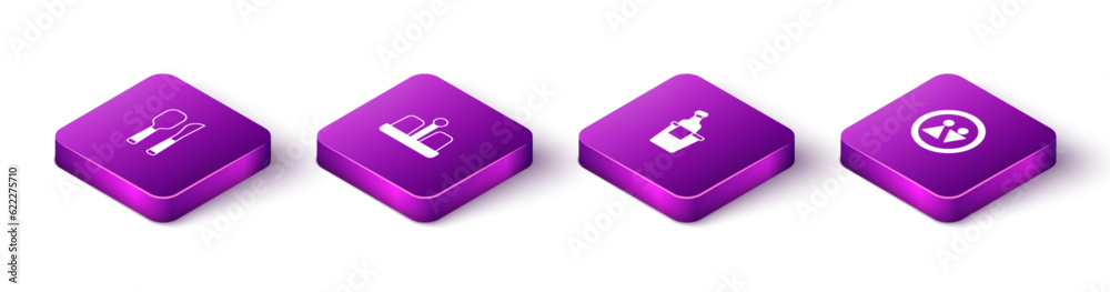 Set Isometric Knife and spoon, Salt pepper, Champagne in ice bucket and Toilet icon. Vector